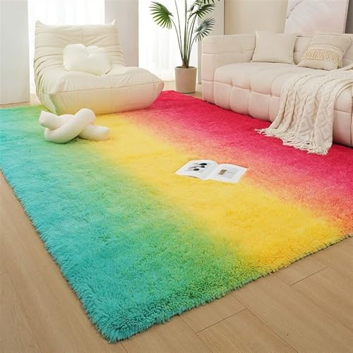 GIBZ Hochflor Teppich Wohnzimmer, Flauschiger Teppiche rutschfest Weiche, Carpet Extra Große für Kinderzimmer Schlafzimmer, Regenbogen, 100 x 200 cm von GIBZ