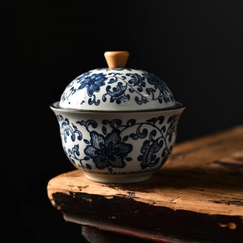 GIBZ Keramik-Zigarettenaschenbecher mit Deckel Chinesische Teetasse Aschenbecher Winddichter Ashtray für Terrasse Zuhause Büro Schreibtisch Blau und Weiß 1 12.5x12cm von GIBZ