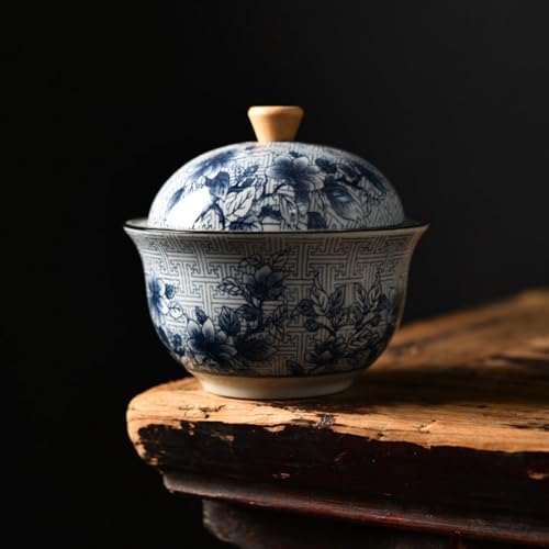 GIBZ Keramik-Zigarettenaschenbecher mit Deckel Chinesische Teetasse Aschenbecher Winddichter Ashtray für Terrasse Zuhause Büro Schreibtisch Blau und Weiß 2 12.5x12cm von GIBZ