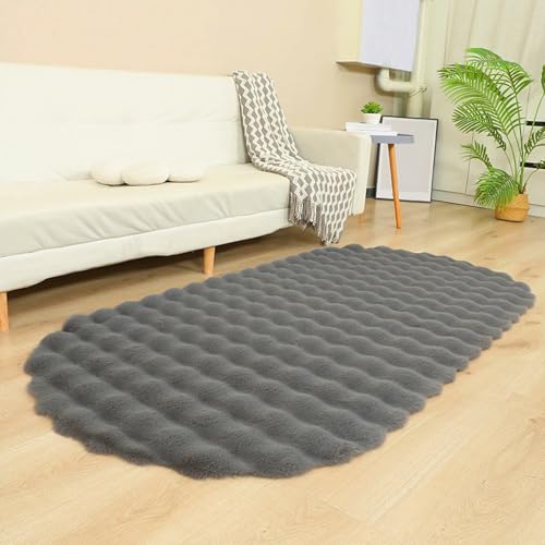 GIBZ Ovaler Plüschteppich für das Wohnzimmer, Weicher Zotteliger Teppich, rutschfest Kunstfellmatte für das Schlafzimmer, Dunkelgrau, 90x180cm von GIBZ