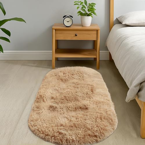 GIBZ Plüsch Teppiche Oval Hoher Flor, Moderner Zotteliger Teppich, rutschfest Kunstfellmatte für Schlafzimmer und Wohnzimmer, Braun, 60x120cm von GIBZ