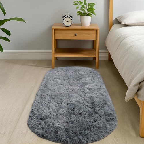 GIBZ Plüsch Teppiche Oval Hoher Flor, Moderner Zotteliger Teppich, rutschfest Kunstfellmatte für Schlafzimmer und Wohnzimmer, Grau, 40x60cm von GIBZ