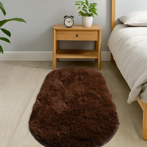 GIBZ Plüsch Teppiche Oval Hoher Flor, Moderner Zotteliger Teppich, rutschfest Kunstfellmatte für Schlafzimmer und Wohnzimmer, Kaffee, 80x160cm von GIBZ