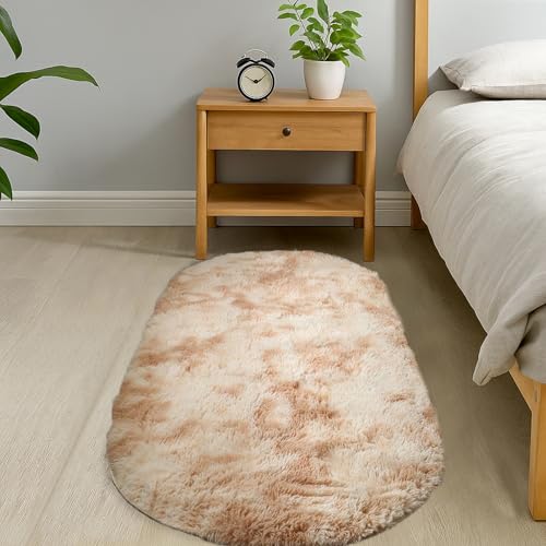 GIBZ Plüsch Teppiche Oval Hoher Flor, Moderner Zotteliger Teppich, rutschfest Kunstfellmatte für Schlafzimmer und Wohnzimmer, Tie-dye Braun, 60x160cm von GIBZ
