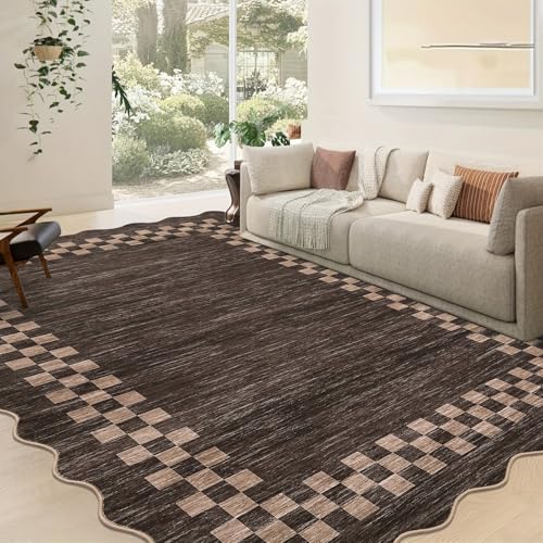 GIBZ Teppich mit Geometrischem Muster Rechteckiger Kurzhaar mit Gewelltem Rand rutschfest Teppiche für Schlafzimmer Wohnzimmer Braun 80x120cm von GIBZ