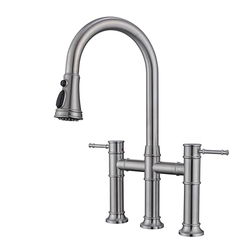 Brücken-Küchenarmatur mit herausziehbarem Sprühkopf – 3-Loch-Edelstahl-Konstruktion, 20,3 cm Mittelsatz, Zweigriff-Design, 360° schwenkbarer Auslauf für Küchenspülen, gebürstetes Nickel Brücken-Küchenarmatur mit herausziehbarem Sprühkopf – 3-Loch-Edelstahl-Konstruktion, 20,3 cm Mittelsatz, Zweigriff-Design, 360° schwenkbarer Auslauf für Küchenspülen, gebürstetes Nickel von GICASA