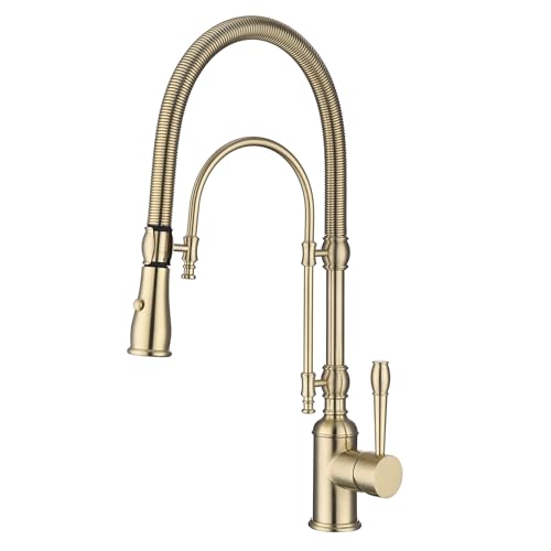 GICASA Kupfer Waschbecken Armaturen, Einhandgriff, 360 Swivel High Arc Küchenspüle Wasserhahn, Gebürstetes Gold Pull Down Küchenarmatur Massiver Messinggriff von GICASA