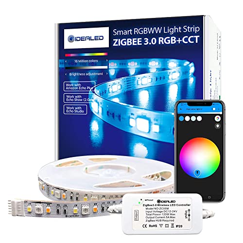 GIDEALED Smart ZigBee 3.0 RGBWW LED Streifen 5m Kit mit kompatibler HUB Brücke,Echo Plus für APP/Alexa Sprachsteuerung RGB Kaltweiß Warmweiß Dimmbares RGBCCT LightStrip Plus Ambient Beleuchtung von GIDEALED