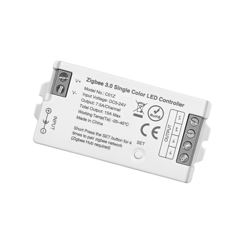 Dimmbarer Monochromer Smart ZigBee 3.0 LED Controller,kompatibel mit Hub Bridge,Echo Plus,Echo Studio,Echo Show(2.Gen) für APP/Alexa Sprachsteuerung Einfarbige LED Streifen(nur ZIGBEE Controller) von GIDEALED