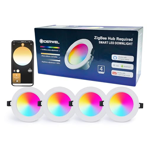 ZigBee Smart RGBWW LED Einbaustrahler Kompatibel mit Hub Bridge Echo Plus,APP/Alexa Sprachsteuerung Dimmbar(3000K-6000K) RGBCCT ZIGBEE LED Downlight Nachrüsten für Decken-Ambientebeleuchtung（4 Pack） von GIDEALED