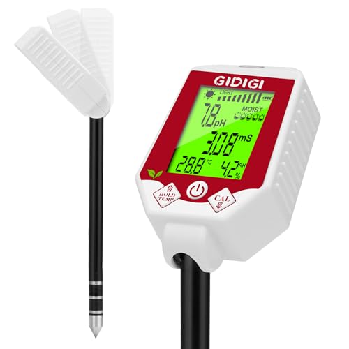 GIDIGI Boden pH Messgerät und Feuchtigkeitstester, 6-in-1 Digitaler Pflanzenbodentester, Boden pH/EC/Sonnenlicht/Bodenthermometer/Luftfeuchte/Bodenfeuchtigkeitsmessgerät für Gartenpflanzen von GIDIGI