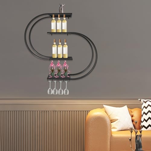 4 Ebenen Wandmontiertes Weinregal mit Weinglashaken, halbrundes industrielles Metallregal für Weinflaschen und Gläser, ideal für Küche, Bar, Esszimmer, 120 * 20 * 120cm (Schwarz) von GIDRLL