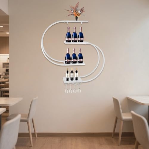 4 Ebenen Wandmontiertes Weinregal mit Weinglashaken, halbrundes industrielles Metallregal für Weinflaschen und Gläser, ideal für Küche, Bar, Esszimmer, 120 * 20 * 120cm (Weiß) von GIDRLL