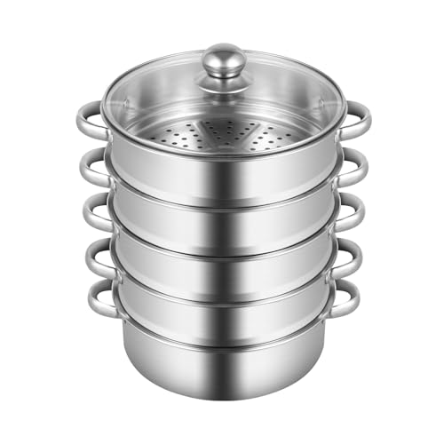 5-lagiger Dampfgarer Φ26cm, Edelstahl Dampfkocher mit Glasdeckel, Gardampftopf für Induktion, für Alle Herdarten wie Induktion, Elektrokeramik, Elektro von GIDRLL