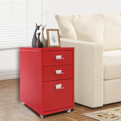 Büroschrank Rollcontainer mit Schubladen Schrank Kleine Kommode, Metall Aktenschrank mobiler Schubladenschrank Schreibtisch Unterschrank für Zuhause und Büro, 41 * 28 * 48 cm (Rot) von GIDRLL