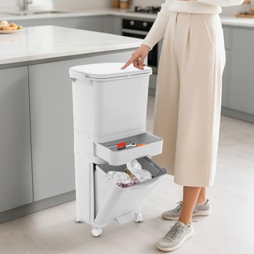 GIDRLL 42 L Küchenabfalleimer auf Rädern, Abfalleimer Küche Tretmülleimer mit 4 Fächern & Deckel, Trocken- und Nasstrennung Mülltrennsystem für Küche, Wohnung und Büro von GIDRLL