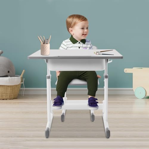 Kinderschreibtisch Set höhenverstellbar, Schülerschreibtisch und Stuhl mit Haken & Stauraum, Zeichentisch Jugendschreibtisch für Kinder ab 3 Jahren, für Jungs & Mädchen (Grau) von GIDRLL