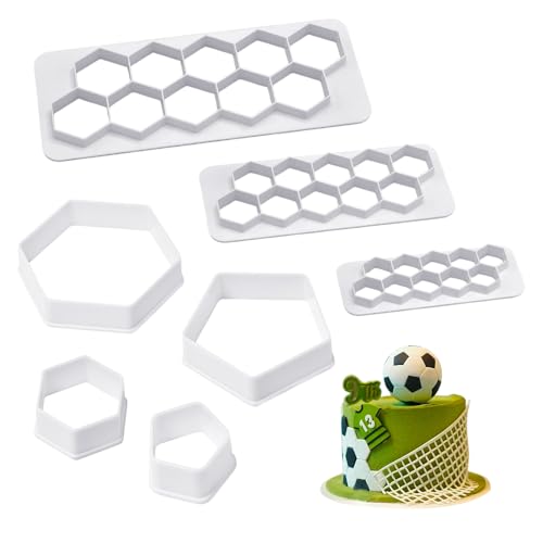 GIDWRIY 7 Stück Fondant Fussball Ausstecher,Tortendeko Ausstecher Backform,FußBall Keksausstecher,Fussball Schablone KuchenPlastik Ausstechformen Sechseck,Tortendeko Ausstechformen Geometrische Formen von GIDWRIY