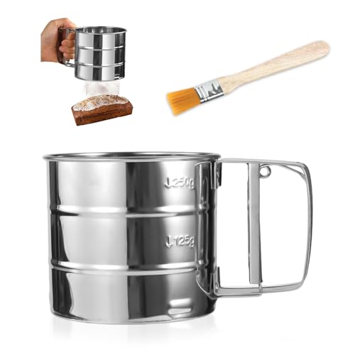 GIDWRIY Mehlsieb Einhand Edelstahl Puderzuckerstreuer,Puderzuckersieb Mit Pinsel,Flour Sifter,Puderzuckermühle Edelstahl,Mehlsieb Becher Feinmaschiger,Küchensieb Mit Griff für Reis, Getreide, Bohnen von GIDWRIY