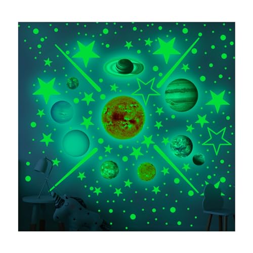 453PCS Kinder Sonnensystem Wandaufkleber, Glow-in-the-dark Sonnensystem Planeten Aufkleber, Kinderzimmer Dekoration Aufkleber (Grün) von GIEEU