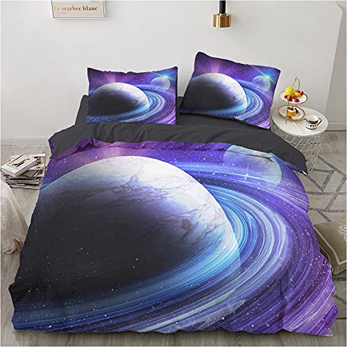Bettwäsche 135x200cm Bettbezug - Purple Galaxy Bettwäsche Sets/Kinderbettwäsche mit Reißverschluss, Galaxy Universum Planet Bettbezug 135x200cm + 2 Kissenbezug 80x80cm, Mikrofaser für Allergiker von GIENDI