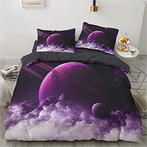 Bettwäsche 135x200cm Bettbezug - Purple Planet Bettwäsche Sets/Kinderbettwäsche mit Reißverschluss, Universum Sternenklarer Himmel Nebel Bettbezug 135x200cm + 2 Kissenbezug 80x80cm, für Allergiker von GIENDI