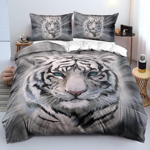 Bettwäsche 200x220cm Weißer Tiger Bettbezug 3TLg, Microfaser Atmungsaktive Bettwäsche-Set für Allergiker, mit Reißverschluss und 2 Kissenbezug 80x80cm, Handgezeichneter Tierischer Weißer Tiger,120g/m² von GIENDI