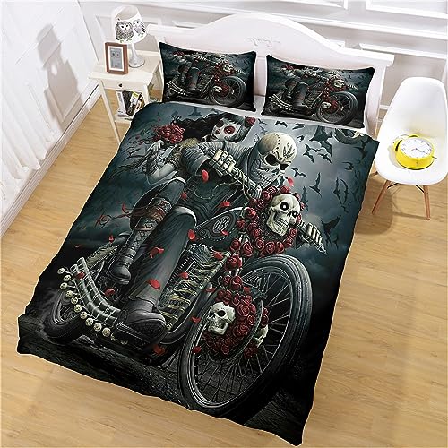 Bettwäsche 220x240cm Totenkopf Muster 3D Bettbezug Set Microfaser Motorrad Totenkopf Gothic-Mädchen Bettdeckenbezug mit Reißverschluss und 2 Kissenbezug 80x80cm, Weich und Bügelfrei für Allergiker von GIENDI