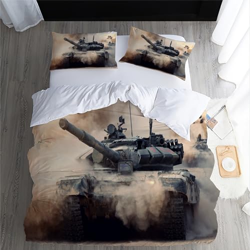 Bettwäsche Panzer Muster Bettbezug Set 3 Teilig, Kriegspanzer Gepanzertes Fahrzeug Bettwäsche-Sets 155x220cm Mikrofaser mit 2 mal Kissenbezüge 80x80cm, Weiche Atmungsaktive Allergiker Bettdeckenbezug von GIENDI