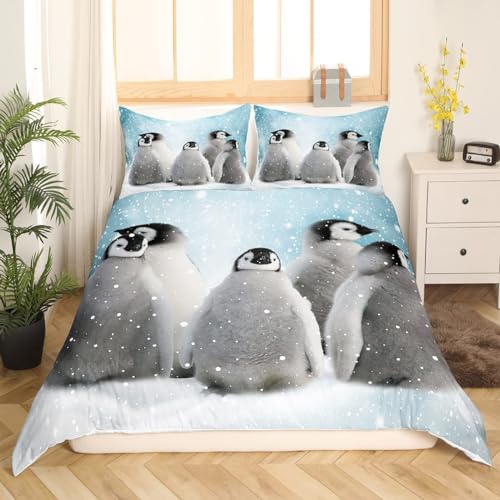 GIENDI Bettwäsche 200x200cm, Pinguin Bettbezüge Set Antarktischer Tierpinguin 3Teilig mit Reißverschluss und 2 Kissenbezüge 80x80cm,Microfaser Kinderbettwäsche ÖKO-TEX Zertifiziert für Allergiker von GIENDI