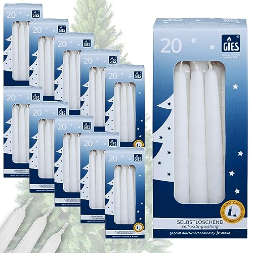 Gies Kerzen Set | 200 Stück selbstlöschende Baumkerzen | 12,4 cm x 1,2 cm Weiß | Handgetauchte Qualität von Gies