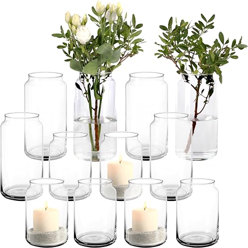 Giessle® 12x Vasen/Windlichter aus Glas im Set, Tischdeko Kerzenglas Blumenvase Kerzenhalter (6X 20cm hoch & 6X 15cm hoch) von GIESSLE