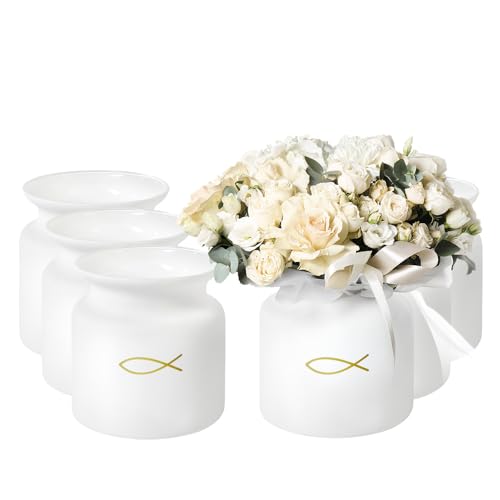 Giessle® 6X große Glasvase als Deko für Kommunion Taufe Konfirmation Firmung Tischvasen Set Vase mit Fisch Tischdekoration, Weiss matt von GIESSLE