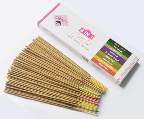 Giftbrit 9 in 1 Kollektion Duftende Natürliche & Kräuter Räucherstäbchen, 100 Stück mit 1 Räucherhalter für Meditation, Yoga, Kirche, Entspannung, Heilung und Positivität von GIFT BRIT