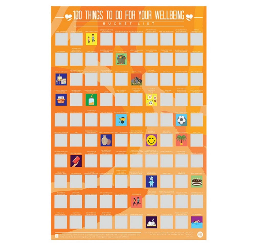 GIFT REPUBLIC Poster Wellbeing - 100 Dinge zum Wohlbefinden, Aktivitäten mit Wohlfühl-Faktor (Packung, 1 St), englisch, ca. 42 x 59 cm, interaktiv von GIFT REPUBLIC