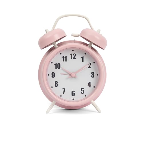 GIFTMARKET - Leiser analoger Wecker. Doppelglockenwecker rosa. Doppelglockenwecker mit Nachtlicht. Wecker ohne Tickgeräusch. Lauter Alarm 11,7 cm x 16 cm von GIFTMARKET