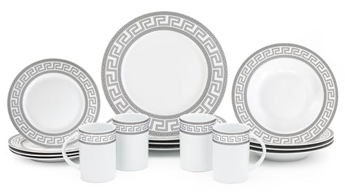 Geschirr-Set für 4 Personen, Weiß mit Silber, 16-teiliges Vintage-Porzellan-Geschirr mit Tassen für den täglichen Gebrauch oder formelle Anlässe Geschirr-Set für 4 Personen, Weiß mit Silber, 16-teiliges Vintage-Porzellan-Geschirr mit Tassen für den täglichen Gebrauch oder formelle Anlässe von GIFTS PLAZA