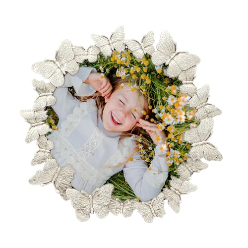 GIFTY GIFTY Runder Schmetterlings-Bilderrahmen, 10.2 x 10.2 cm, für vertikale Darstellung auf Tischplatten, Urlaub, Abschlussfeier oder andere Meilenstein-Fotos (Silberweiß) von GIFTY GIFTY