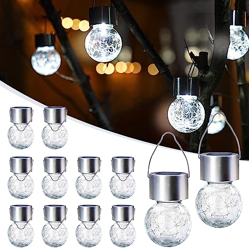 GIGALUMI 12 Stück Solar-Außenleuchten, Solar-Hängeleuchten für Weihnachtsdekoration, rissiges Glas, Solarleuchten für den Außenbereich, wasserdicht für Garten, Hof, Zaun, Baum (kaltweiß) von GIGALUMI