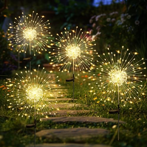 GIGALUMI Gartendeko Solarleuchten für Außen,4 Stück 120 LED Feuerwerk Solarleuchten, Wetterfest Pusteblume Solarlampen für Balkon Terrasse Blumenkästen Hof Deko von GIGALUMI