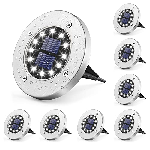 GIGALUMI Solar Bodenleuchte 12 LEDs 8 Stück Solarleuchten Weiß Gartenleuchten Edelstahl Wasserdicht für außen, Garten, Terrasse, Rasen, Hof, Gehweg von GIGALUMI