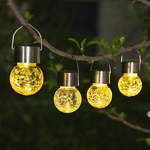 GIGALUMI Solar-Hängeleuchten für außen, 4 Stück Solar-Außenleuchten, rissiges Glas, Wasserdicht Solarleuchten für außen, Garten, Weihnachtsdeko, Hof, Zaun, Baum (warmweiß) von GIGALUMI