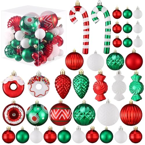 Weihnachtsbaumschmuck-Set, 56 Stück, rot und grün, weiß, große Weihnachtskugel, bruchsicher, langlebig, Kunststoff, Ornamente für Zuhause, Party, Weihnachtsbaum von GIHOO