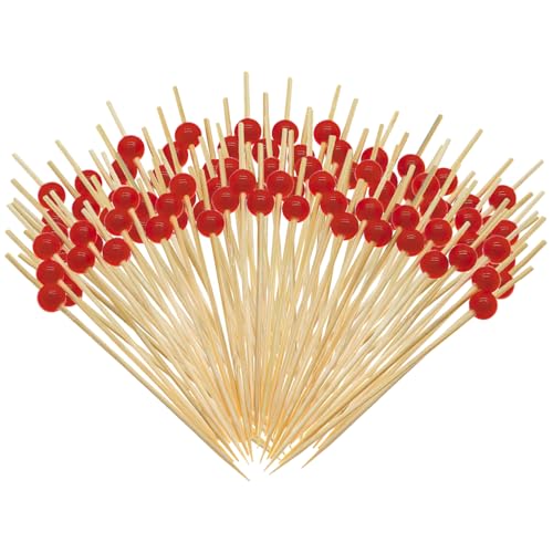 100 Stück Cocktailspieße, Bambus-Zahnstocher, rote Perlen-Cocktailspieße, Lebensmittel-/Obst-Cocktail-Zahnstocher für Partyzubehör, Getränke, Fingerfood, Obst, Cocktailgarnitur, Burger (12 cm) von GIKPAX