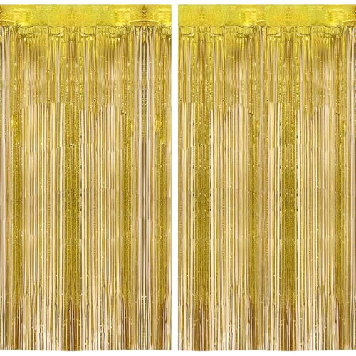 2-teiliger Folienvorhang, Goldfolienvorhang, Lamettafolie, Fransenvorhang, Luftschlangen, Lamettavorhang, 3,2 x 8,3 Fuß, Glitzervorhang für Geburtstage, Schulabschlüsse, Brautjungfernpartys von GIKPAX