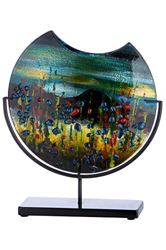 GILDE GLAS art Deko runde Vase auf schwarzem Metall Fuß - handbemalt mit Glaselementen - Kunstobjekt Mehrfarbig Höhe 37 cm von GILDE GLAS art