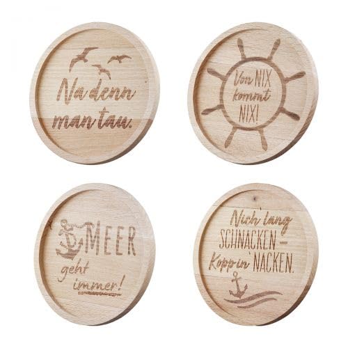 4er Set Untersetzer, rund, Spruch, Holz, braun,H. 1 cm, D. 10 cm, maritim von GILDE