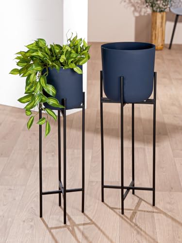 GILDE 2er Set Übertopf Leila aus Eisen - pulverbeschichtet - Nachtblau - Höhe 80 cm x Ø 28cm von GILDE