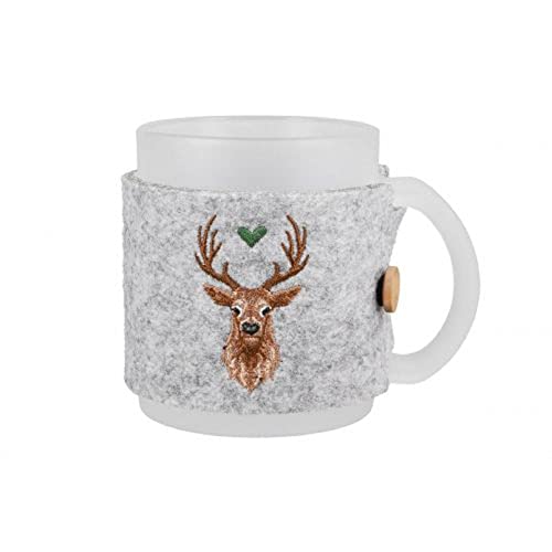 GILDE - 50834 - Glas Tasse, Milchglas, satiniert, Filzbanderole grau, Hirsch mit grünem Herz, 9,5cm x 11,5cm x 8cm, 330ml von GILDE
