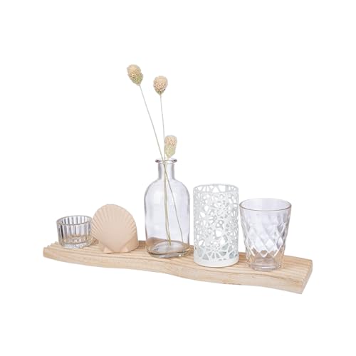 GILDE 6 teiliges Geschenkset Meeresdeko – Beach Deko Teelichthalter Glas Keramik Muschel mit Tablett kleine Vase Trockenblumen – Teelichthalter Set mit Tablett -Tischdeko Wohnzimmer modern von GILDE